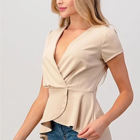 Beige Short Sleeve Blouse - Picture 3 of 5